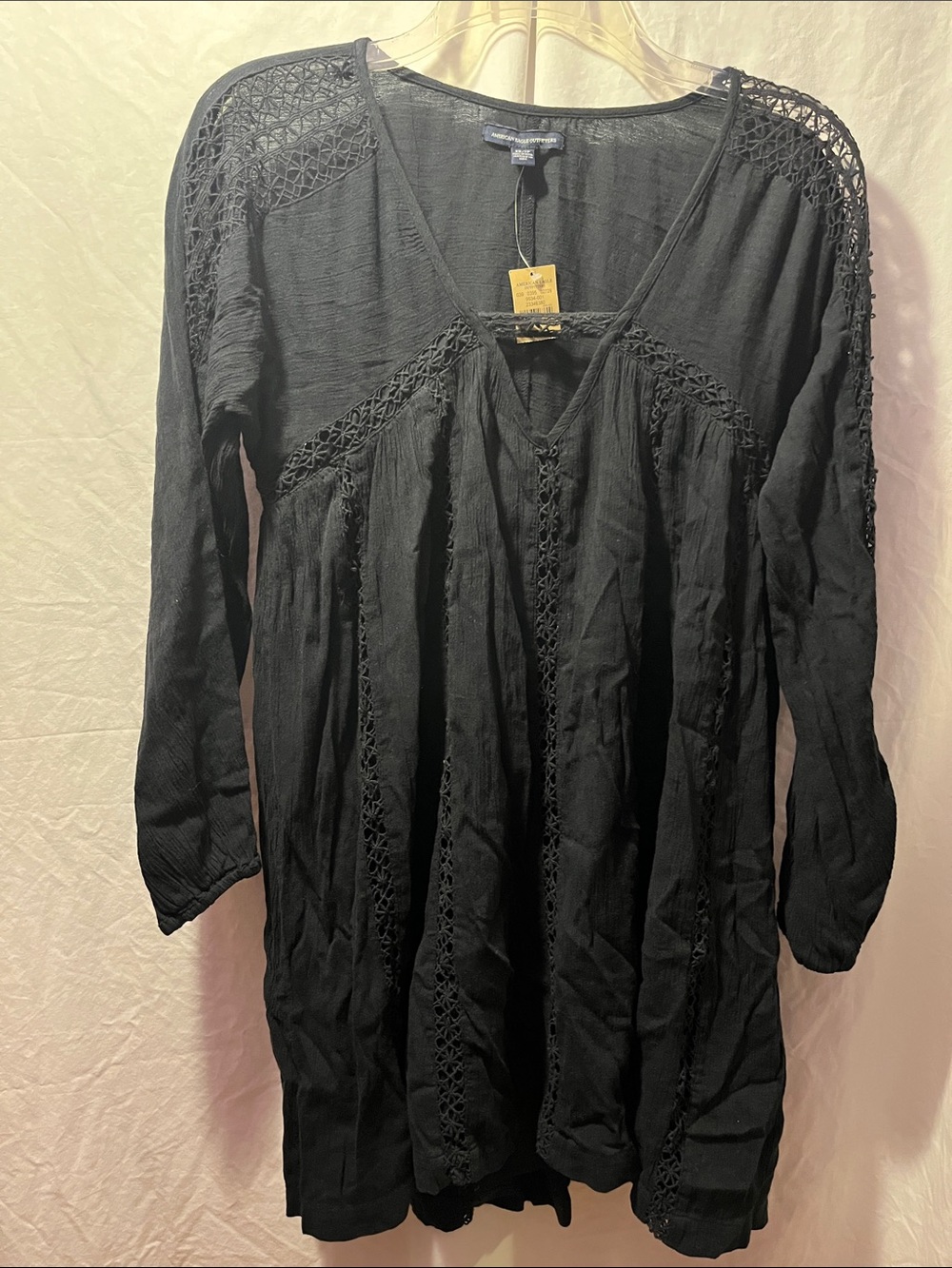 American Eagle Outfitters Black Crochet-Trim V-Neck Mini Dress
